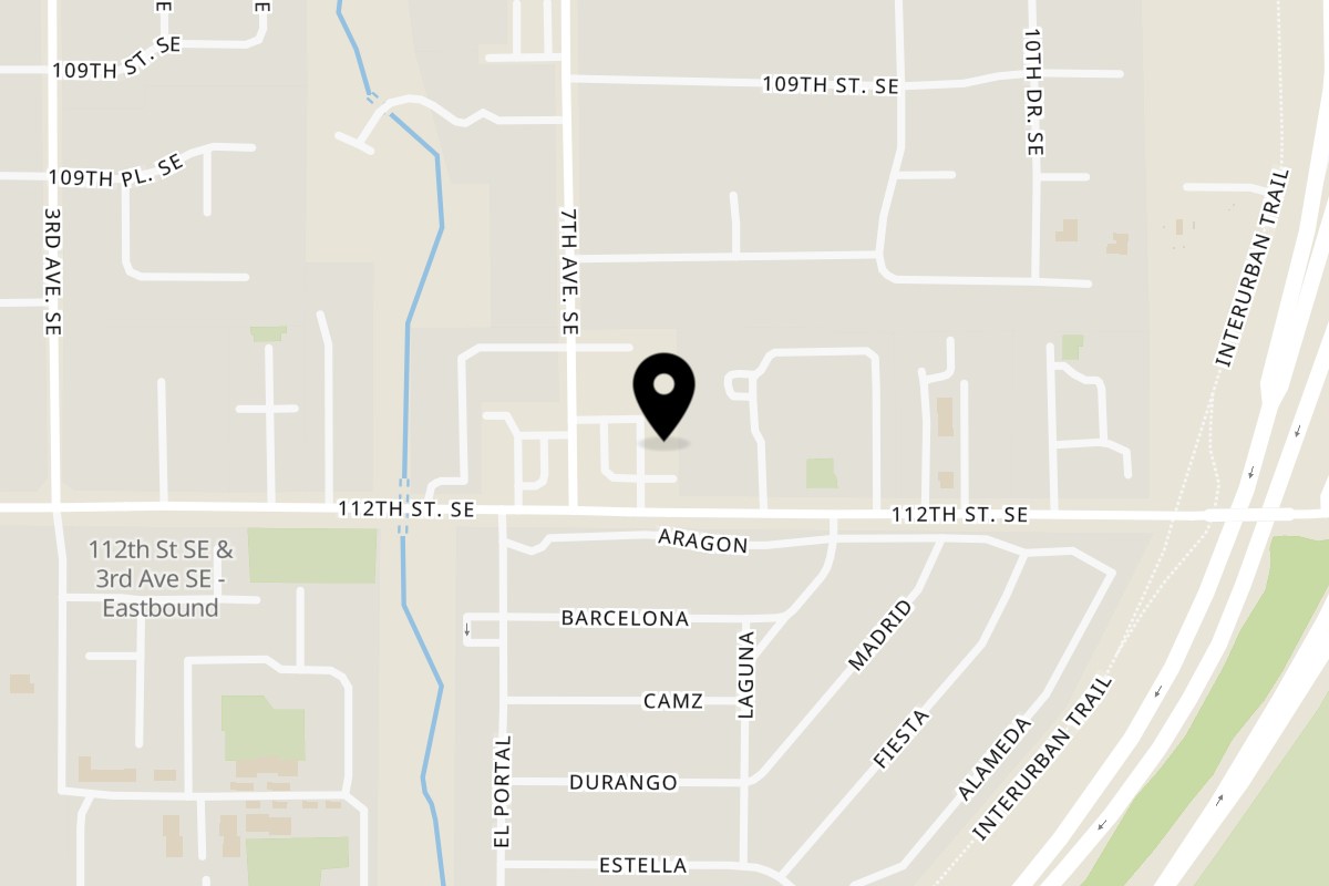 Map showing the location of SilverLake Pizza & Pasta on 711 112th St SE Ste B in Everett